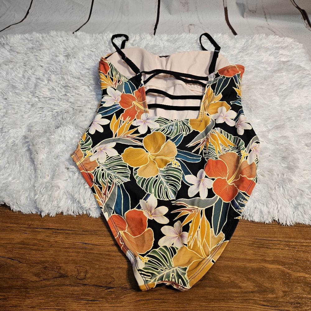 Floral‎ One Piece Swimsuit Tropical Print Black Orange Yellow Bathing Suit Sz L - Picture 2 of 16